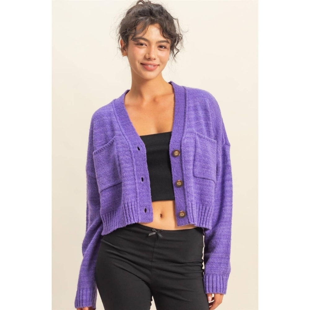 Royal Purple Cropped Button Up Cardigan Sweater with Pockets